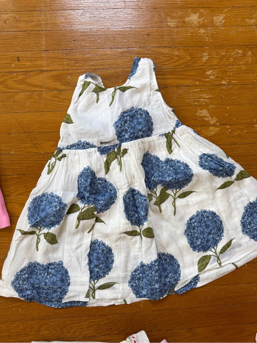 Girls White Dress with Blue Hydrangea Print